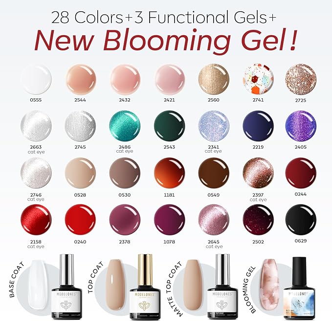 modelones 32 PCS Gel Nail Polish Kit, 28 Colors Christmas Gel Polish with Blooming Gel, Base Coat, Glossy & Matte Top Coat Cat Eye Jelly Glitter Chameleon Soak Off LED Nail Art Kit Salon at Home