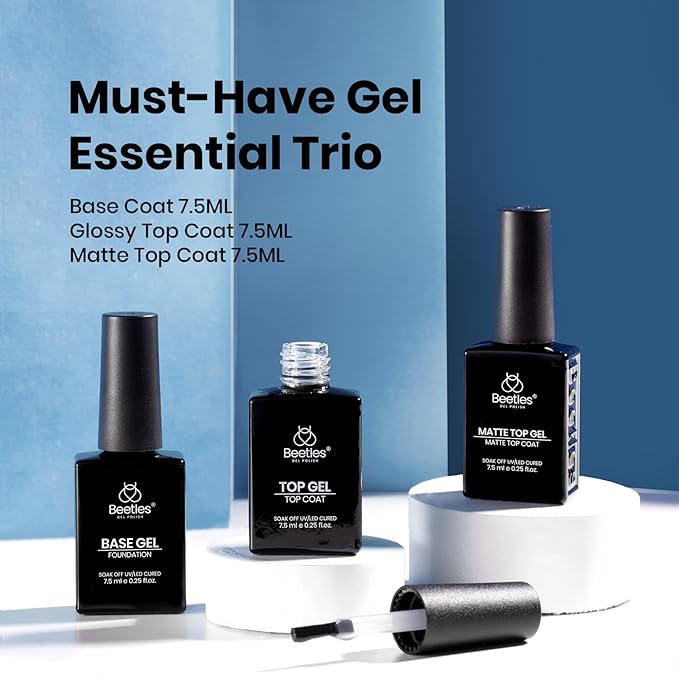 Beetles Gel Top Coat, Matte Top and Base Coat Set, 3 Pcs 10ml Glossy Matte No Wipe Long Lasting Basic Combination Soak Off LED Nail Lamp Art DIY Design Gifts for Women