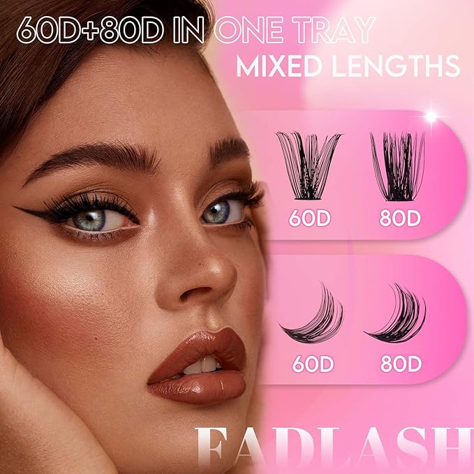 Lash Clusters 60D+80D Fluffy Eyelash Clusters D Curl 15-20mm Individual Lashes Cluster Eyelash Extensions Wispy Thick Lash Extension Clusters (60+80D-0.07-D, 15-20mm)