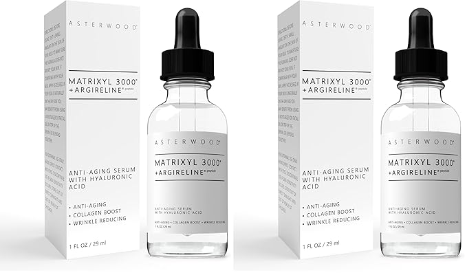 Asterwood Matrixyl 3000 + Argireline Serum for Face - Multi Peptide Serum with Hyaluronic Acid - Anti-Aging, Wrinkle Reducing, Collagen Boosting - Fragrance-Free - 1 Fl Oz (Pack of 2)