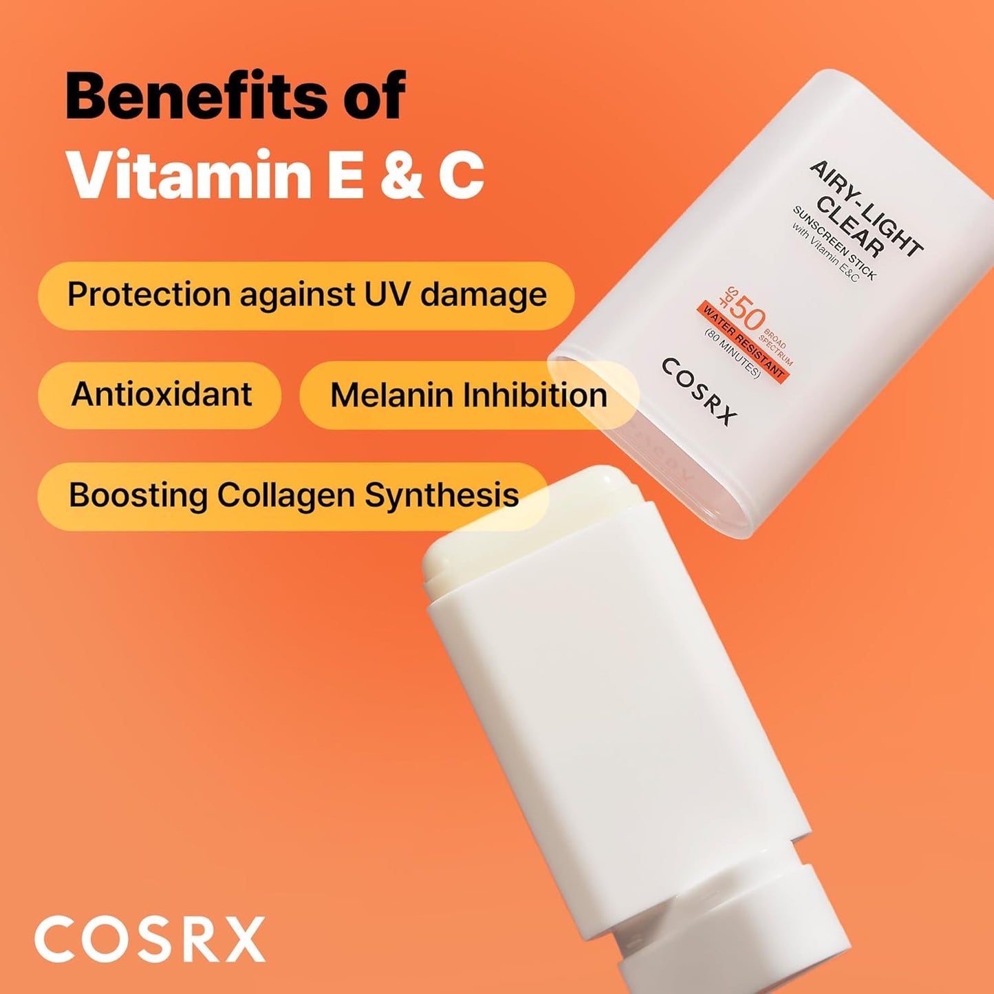 COSRX Airy-Light Clear Sunscreen Stick with Vitamin E & C SPF 50, 0.67 oz, 19g, Lightweight, Travel Essentials, Summer Essentials, Korean Skin Care, Korean Matte Sunscreen for Face
