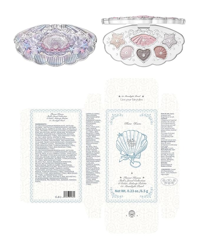 Flower Knows Shell's Jewel 6-Color Makeup Palette,Nude Pink Eyeshadow with 4 Matte + 2 Shimmer Shades,Blendable Smooth Cute Make Up,0.23 Oz(01 Moonlight Pearl)