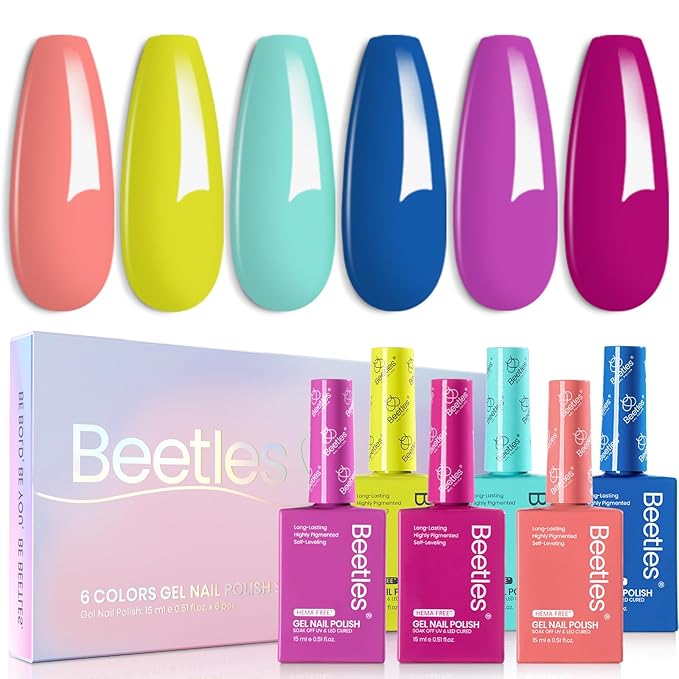 Beetles Neon Gel Nail Polish Set - 6 Colors, 15ML Same Color Bottle, Hema Free Pink Green Coral Purple Blue Neon Gel Nail Polish Set, Soak Off UV Lamp Nail Art, Professional Salon Spring Nails