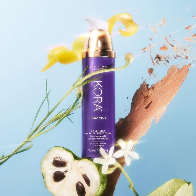 KORA Organics Noni Night AHA Resurfacing Serum, Smooth & Refine, Certified Organic, Cruelty Free, 1.01 fl oz