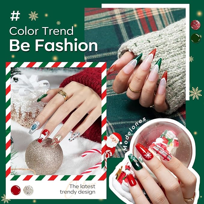 Modelones Christmas Gel Nail Polish Set, 6 Colors 2025 Winter Sparkle Dark Green Red Silver Champagne Rose Gold Glitter Gel Polish Kit New Year Soak Off Nail Art Manicure Salon DIY Home Gift