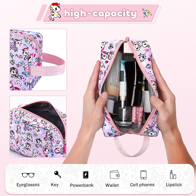 Tokidoki Makeup Bag for Women, Large Capacity Cosmetic Organizer & Toiletry Pouch with Handle, Official Licensed Unicorno Travel Cartoon Portable Makeup Case