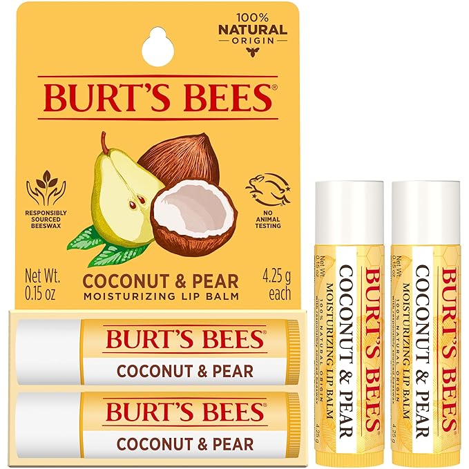 Burt's Bees Lip Balm - Coconut and Pear, Lip Moisturizer With Responsibly Sourced Beeswax, Tint-Free, Natural Origin Conditioning Treatment, 2 Tubes, 0.15 oz.