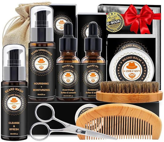 XIKEZAN Beard Kit for Men Care w/Beard Conditioner, Wash, Oil, Balm, Brush, Comb,Birthday Fathers Valentines Gifts for Men Him Dad Husband Boyfriend Christmas Gifts Mens Stocking Stuffers