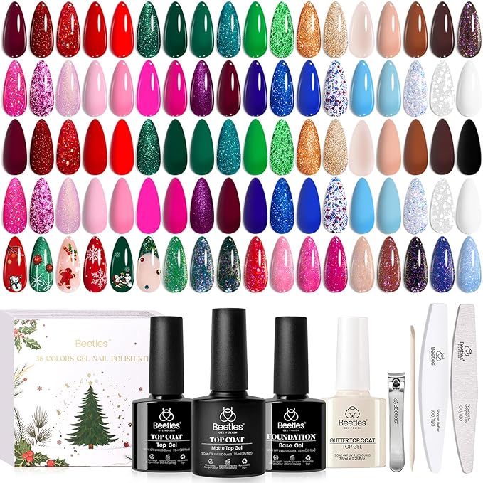 Beetles Gel Nail Polish Set – Spectrum Red Green Glitter Gel Polish, 36 Colors Soak Off UV LED Long Lasting Nail Gel Kit for Manicure Gifts for Women