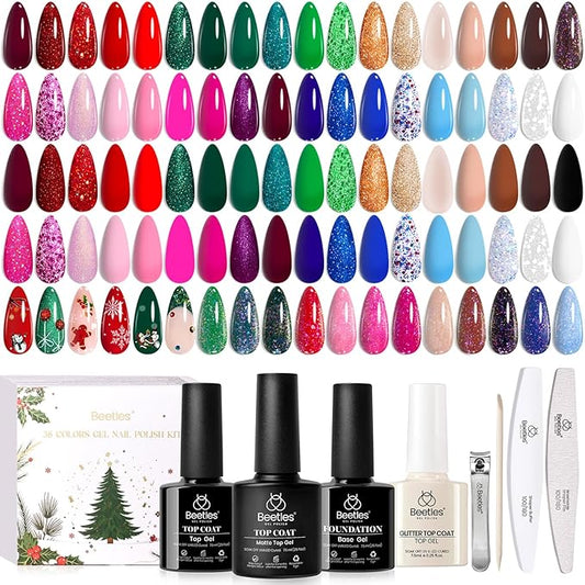 Beetles Gel Nail Polish Set – Spectrum Red Green Glitter Gel Polish, 36 Colors Soak Off UV LED Long Lasting Nail Gel Kit for Manicure Gifts for Women