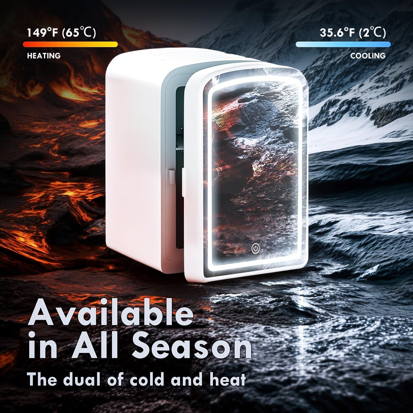 Mini Fridge for Skin Care, 4 Liter Portable Small Fridge with Dimmable LED Mirror, Cooling and Warming Function Personal Beauty Refrigerator for Bedroom, Office, Car, Makeup (White)