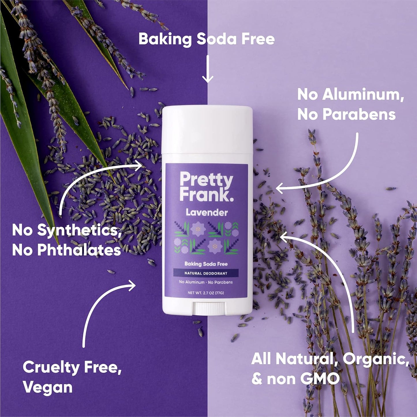 Pretty Frank Natural Aluminum-Free Deodorant Stick, Baking Soda-Free, Lavender (1-Pack) | Sensitive Skin Friendly, Effective Odor Control for Women & Men, Organic Ingredients and Essential Oils