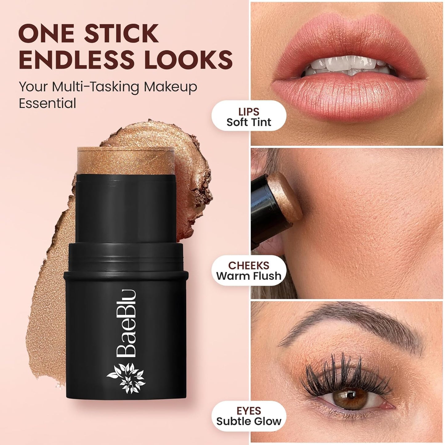 Organic Blush Tube, Brandy - 100% Natural Vegan Cream Blush Sticks, Multi-Use Bronzer, & Highlighter for Lips, Cheeks & Eyes, Buildable Shimmer, Gluten-Free, Paraben-Free, Made in USA