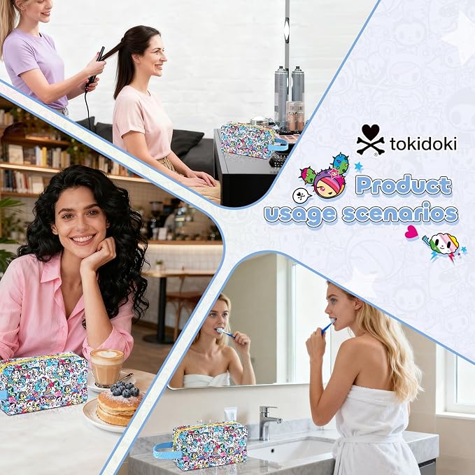 Tokidoki Makeup Bag for Women, Large Capacity Cosmetic Organizer & Toiletry Pouch with Handle, Official Licensed Unicorno Travel Cartoon Portable Makeup Case