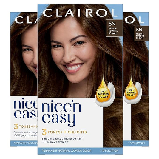 Clairol Nice'n Easy Permanent Hair Dye, 5N Medium Neutral Brown Hair Color, Pack of 3