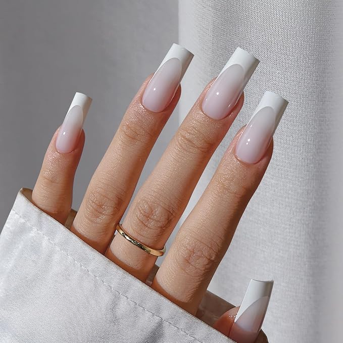BTArtboxnails French Tip Press on Nails - 150pcs XCOATTIPS Long Square Modern French Tip Nails, White on White Soft Gel Nail Tips Pre-applied Tip Primer & Base Coat, No Need File False Nails