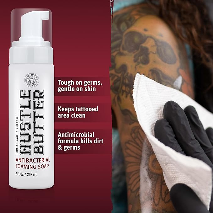 Hustle Bubbles Tattoo Aftercare Soap - Antibacterial Cleanser To Clean New Tattoos & Piercings - Essential Body Art Supplies 7oz