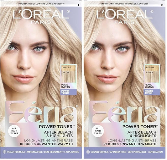 L'Oreal Paris Feria Long-Lasting Anti Brass Power Hair Toner, Ammonia Free Demi Permanent Hair Color, Pearl Blonde Hair Toner, 1 Application (Pack of 2)