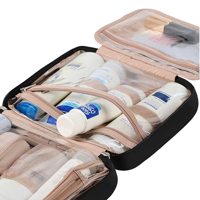 NISHEL Travel Toiletry Bag for Women, Makeup Essentials Organizer, Hanging Case for Accessories, Cosmetics, Medium Size, Black
