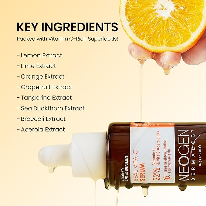 DERMALOGY by NEOGEN Real Vita C Serum, Hydrating Vitalizing Facial Serum with 22% Vitamin C, Even Skin Tone, Dark Spot Serum, Korean Skin Care (32g/ 1.12 oz)