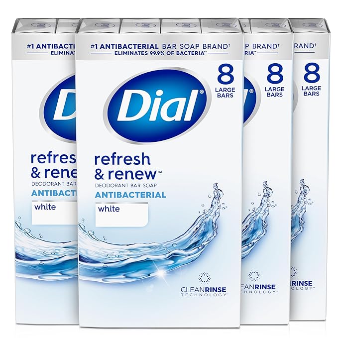 Dial Antibacterial Bar Soap, Refresh & Renew, White, 4 oz, 32 Bars