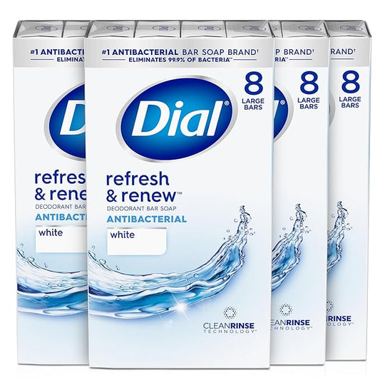 Dial Antibacterial Bar Soap, Refresh & Renew, White, 4 oz, 32 Bars