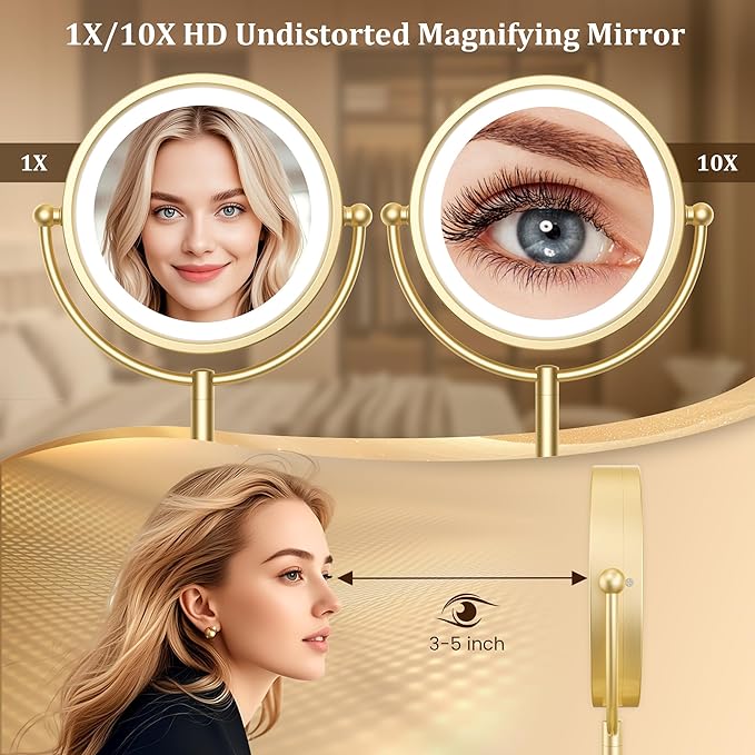 VESAUR 8.5'' Large Gold Lighted Makeup Mirror, 1X/10X Clear Seamless Magnifying Mirror, Bright Vanity Mirror with 3 Colors Dimmable Lights, Two-Sided 360°Rotation Stable Base, Luxury Nickel, Gift Box