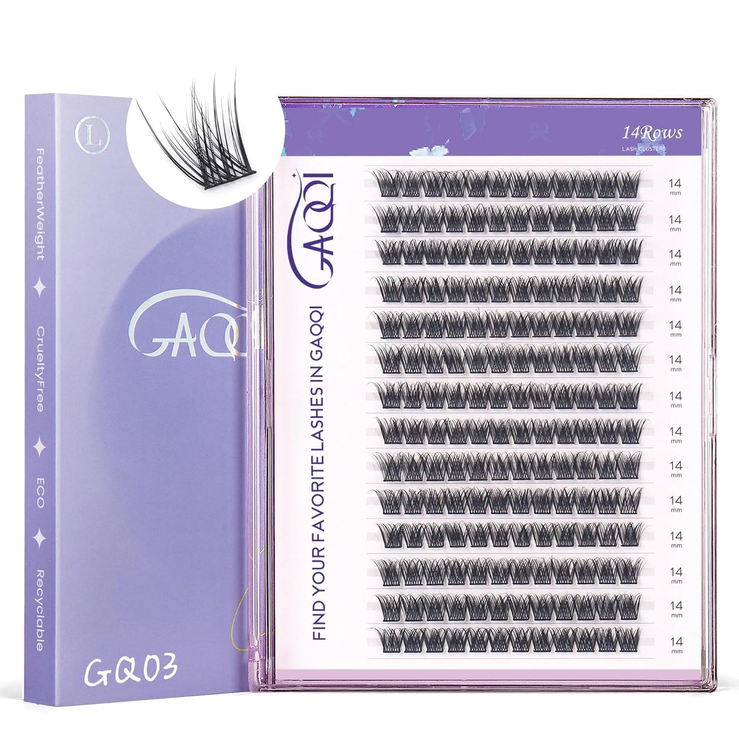 GAQQI Lash Clusters, GQ03 False Eyelashes DIY Lash Extensions D Curl 168PCS Cluster Lashes 14MM, Wispy and Natural Look (GQ03,14mm,D Curl)
