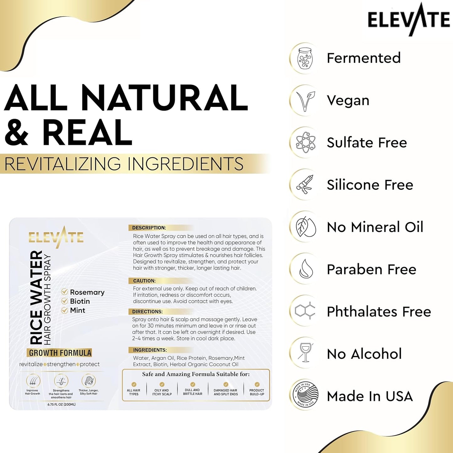 Elevate Rice Water Spray for Hair Growth - Fermented Rice Water & Rosemary Hair Mist with Biotin - Vegan Leave-In Treatment for Stronger, Thicker, Healthier Hair - Scalp Care for Women & Men