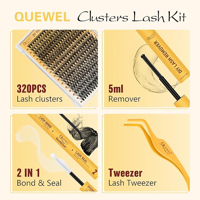 QUEWEL Lash Clusters Kit, 320 Pcs 40D Lash Cluster Eyelash Extensions 9-16mm Lash Clusters Wispy Kit with Eyelash Clusters Bond and Seal Glue Remover Tweezers (40D Kit)