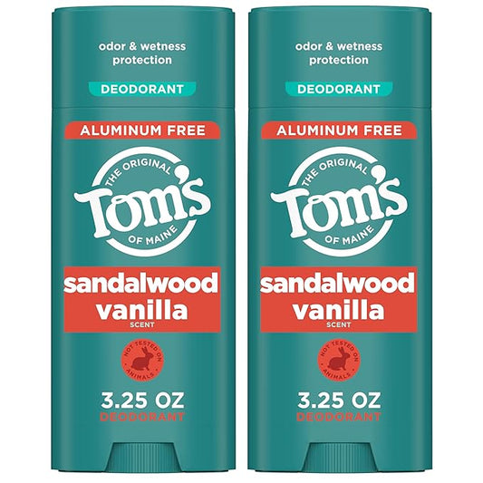 Tom’s of Maine Sandalwood Vanilla Aluminum Free Natural Deodorant For Women & Men | Goes on Clear | Odor & Wetness Protection | Naturally Derived and Moisture-Locking Ingredients | 3.25 oz (2 Pack)