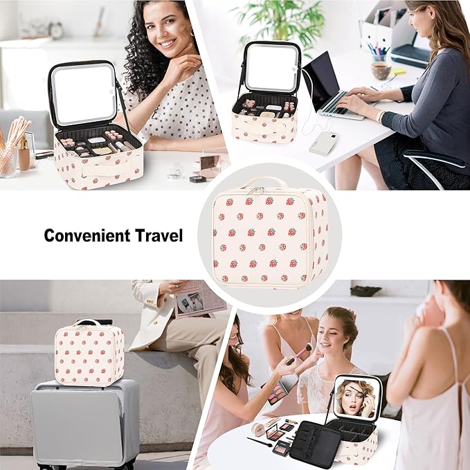 Relavel Travel Makeup Bag with LED Mirror, Portable Cosmetic Train Case with 3 Color Lighted Brightness Mirror, Makeup Artist Organizer Storage with Adjustable Dividers Make Up Box - White Strawberry