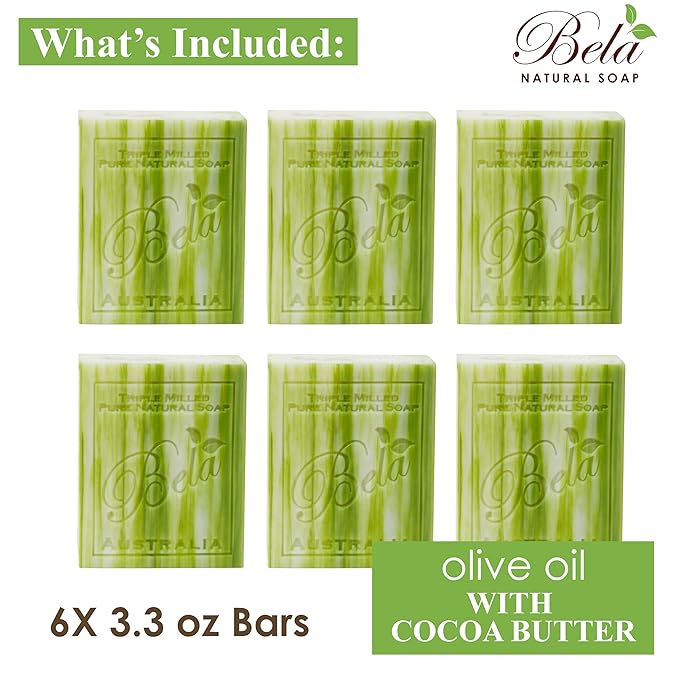BELA Olive Oil and Cocoa Butter Soap, 3.3 OZ Pack of 6, Long Lasting French Triple Milled Bar Soap with Organic Shea Butter, Hand, Face and Body Wash Bar, Made in Australia