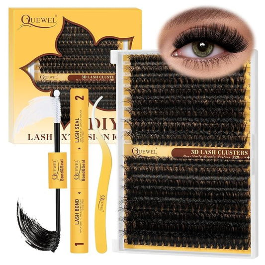 QUEWEL Lash Clusters Kit, 320Pcs 80D+100D 3D Lash Cluster Eyelash Extensions 12-18mm Volume Lash Clusters Kit with Lash Bond and Seal and Lash Tweezers Easy DIY at Home(80+100D 3D Kit)