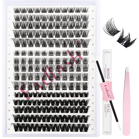FADLASH Lash Clusters Kit 10-18mm Eyelash Cluster Lashes with Lash Bond and Seal Lash Tweezers DIY Lash Extension Kit (K1K2K10-07D-10-18 Kit)