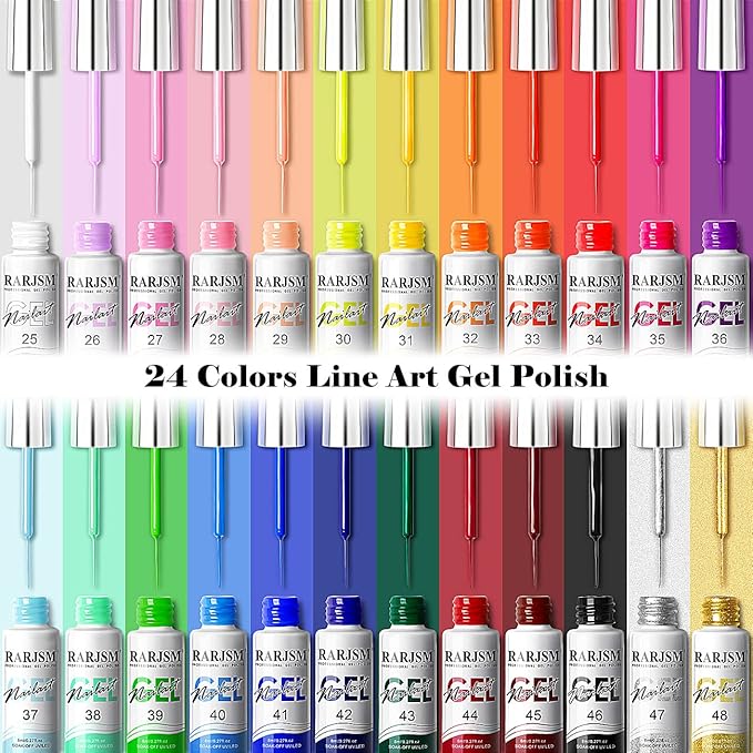 RARJSM Nail Art Gel Liner 24 Color Line Art Painted Gel Nail Polish Set Pink Blue Green Silver Gold Glitter for Nails Painting Drawing Soak Off U V L E D Curing Requires Bulid in Thin Nail Art Brush