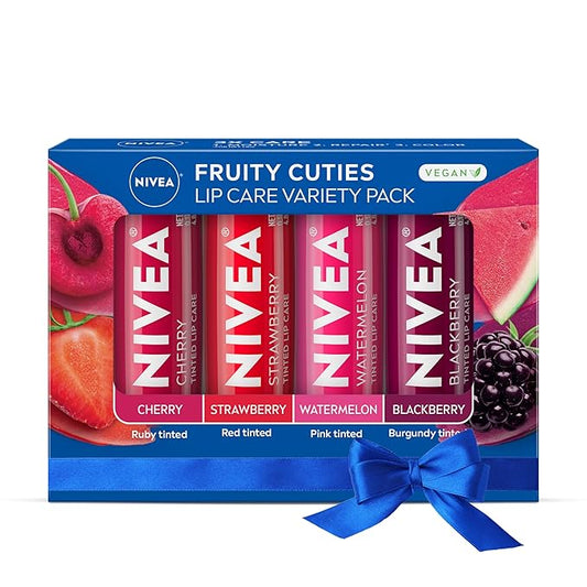 NIVEA Lip Care, Fruity Tinted Lip Balm Variety Pack, Cherry, Strawberry, Blackberry and Watermelon Flavors, 3-in-1 Moisture, Repair and Color, 0.17 Oz Stick, Pack of 4