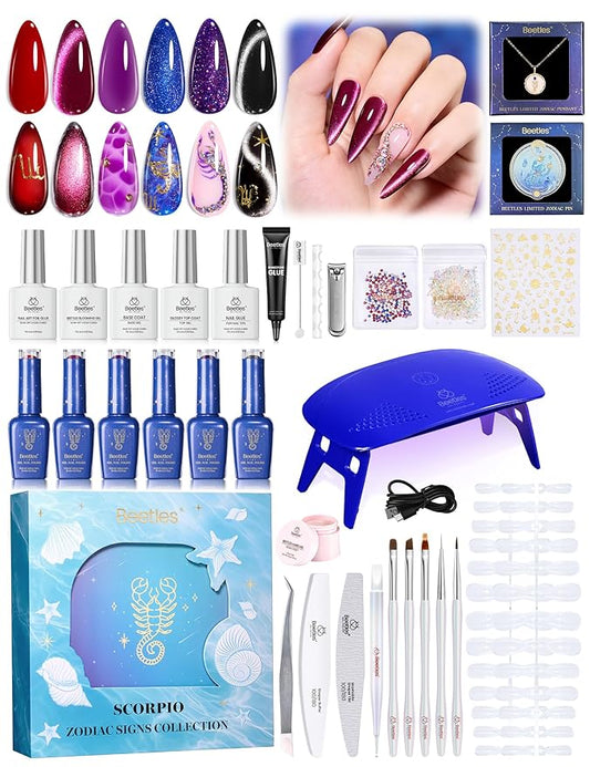 Beetles Midnight Vampire Lucky Box, Scorpio Zodiac Gel Nail Polish Kit Black Purple Burgundy Red Colors, All-in-One Nail Art Set with Tools, Necklace Badge, Salon DIY Zodiac Gift for Women