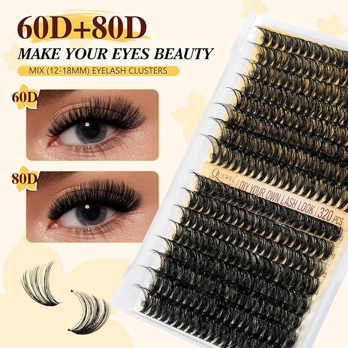 QUEWEL Lash Clusters Kit, 320Pcs 60D+80D Lash Cluster Eyelash Extensions Mix 12-18mm 3D Eyelash Clusters with Lash Bond and Seal and Lash Tweezers Easily Create 3D Lashes Clusters at Home(60+80D Kit)