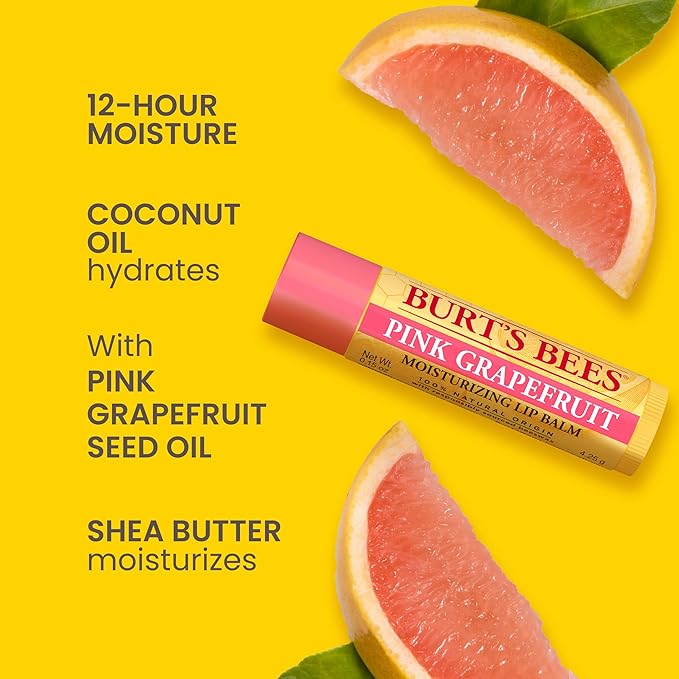 Burt's Bees Lip Balm - Pink Grapefruit, Lip Moisturizer With Responsibly Sourced Beeswax, Tint-Free, Natural Origin Conditioning Treatment, 2 Tubes, 0.15 oz. (Pack of 2)