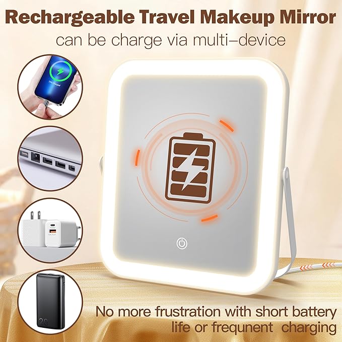 ROLOVE Travel Makeup Mirror with Lights, 8x10 Inch Aluminum LED Vanity Mirror, Rechargeable Portable Mirror for Desk & Travel Essentials, Light Up Mirror with Stand, Dimmable Touch Screen