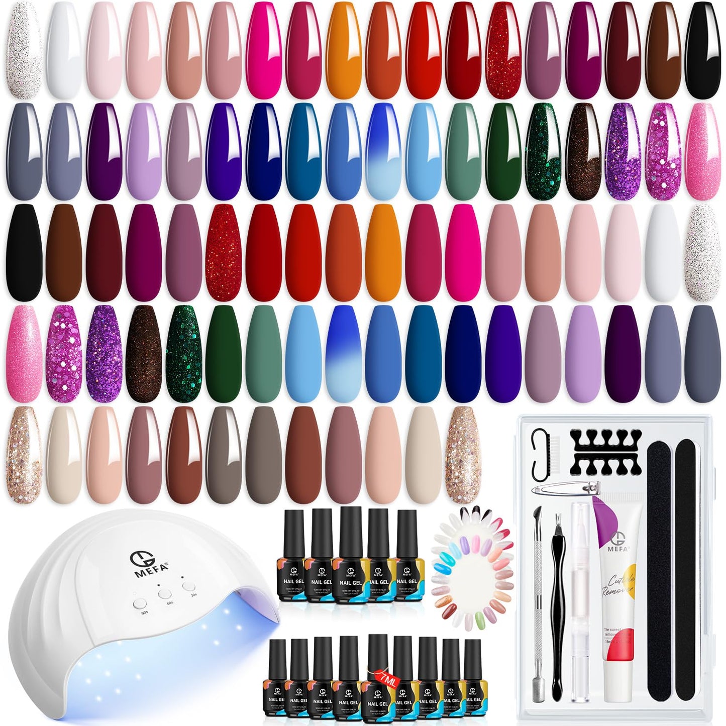 MEFA Gel Nail Polish Kit with U V Light, 42 Colors Fall Winter 60 Pcs Gel Nail Starter Kit with Base Matte Glossy Top Coat, Nail Art Accessories, Nail Tool Box, Cuticle Remover Care Mnicure DIY Salon