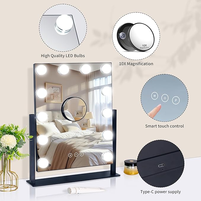 Vanity Mirror with Lights,Lighted Vanity Mirror with 12 Dimmable Bulbs for Dressing Room & Bedroom,3 Color Lighting,Modes Detachable 10x Magnification 360°Ratation