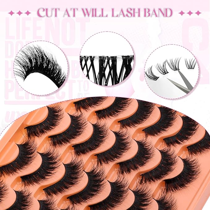 FADLASH False Eyelashes 14 Pairs Faux Mink Lashes Wispy Fake Eyelashes Natural Look 3D Volume Soft Fluffy Lashes Handmade Eyelashes Cat Eye Lashes Fake Lashes Strips (LZ-DD-14)