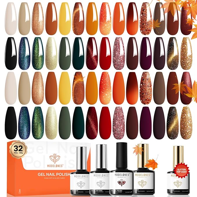 modelones 32 PCS Fall Gel Nail Polish Set, 28 Colors Gel Polish with No Wipe Base Coat, Glitter & Glossy & Matte Top Coat Yellow Orange Brown Nude Glitter Soak Off LED Nail Art Kit Salon at Home
