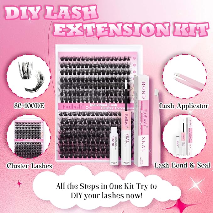 FADLASH Lash Extension Kit 80D+100D Lash Clusters D Curl Lash Cluster Kit DIY Eyelash Extension Kit with Lash Bond and Seal Lash Tweezers 3D Effect fluffy Cluster Lashes(80+100D Kit, Mix 8-16mm)