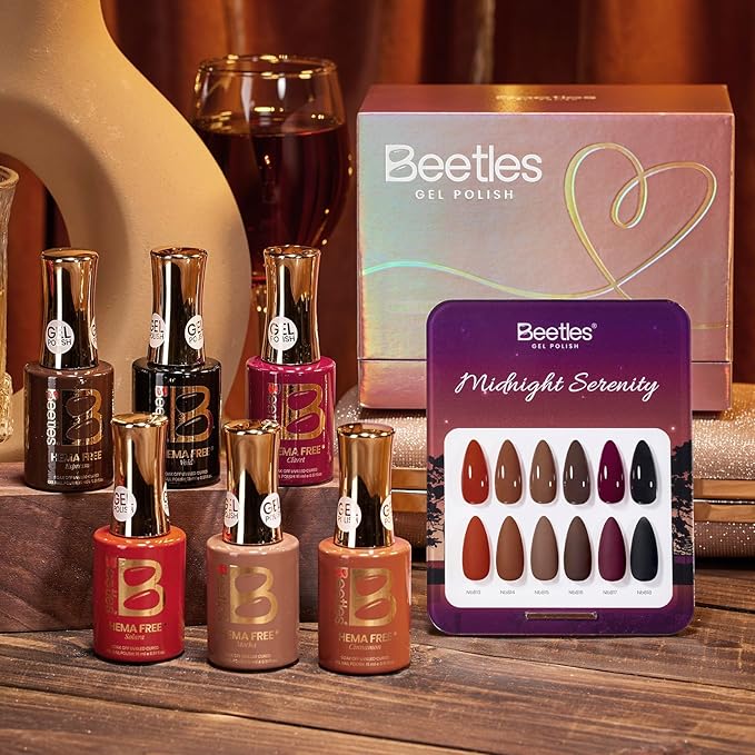 beetles Brown Gel Polish Set - Midnight Serenity HEMA-Free Gel Polish Set, 6 Colors 15ml Mocha Brown Wine Plum Shades, Salon-Quality Long Lasting Soak Off UV LED Nail Gel with Swatch Card