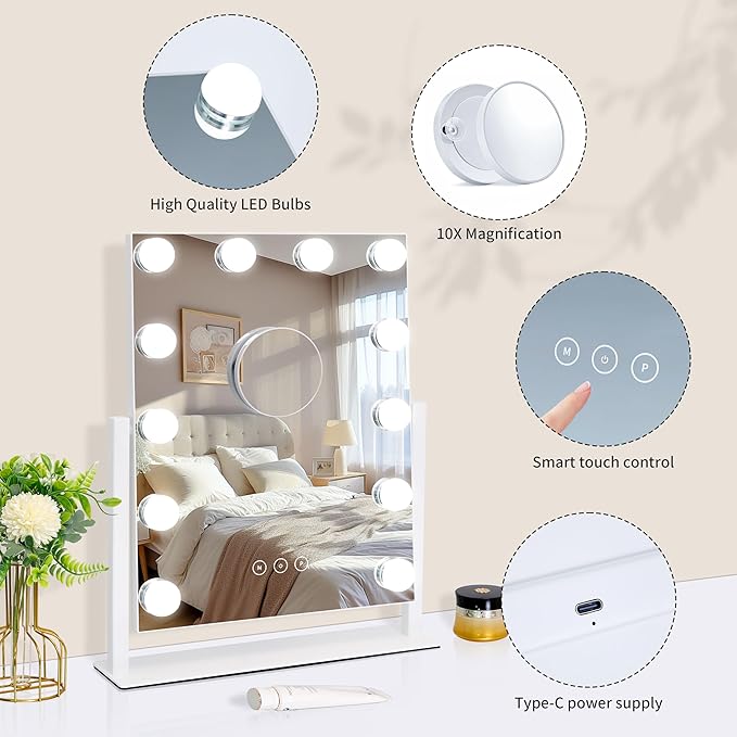 Vanity Mirror with Lights,Lighted Vanity Mirror with 12 Dimmable Bulbs for Dressing Room & Bedroom,3 Color Lighting,Modes Detachable 10x Magnification 360°Ratation (White) 14.6" L x 17" W
