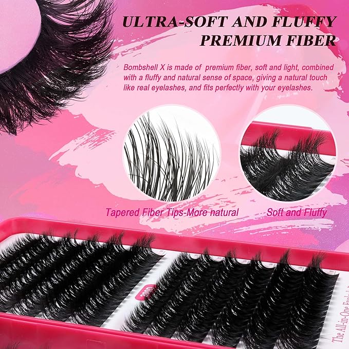 Bombshell X Volunm Lash Clusters Kit Thick Mink 80D-200D Lash Extension Kit 400Pcs 5D Fluffy Eyelash Extension Kit 10-18mm Individual Eyelashes with Lash Bond, Lash Remover, Lash Applicator
