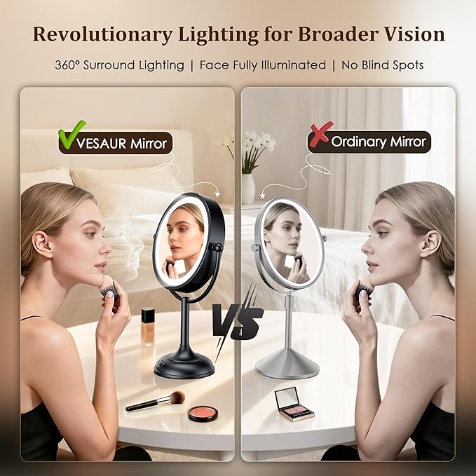 VESAUR Professional 8.5" Lighted Makeup Mirror, 1X/10X Double Sided HD Undistorted Magnifying Mirror with 3 Color 90 Dimmable LED lights, 360° Rotation Vanity Mirror, Unique Black Nickel with Gift Box